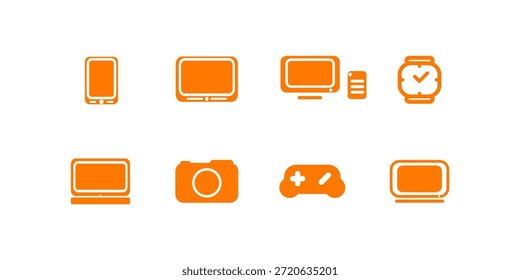 Conjunto de iconos de contorno naranja que representan dispositivos electrónicos modernos y gadgets, incluyendo teléfono inteligente, tableta, computadora de escritorio, computadora portátil, cámara, controlador de juegos, reloj inteligente y televisión.