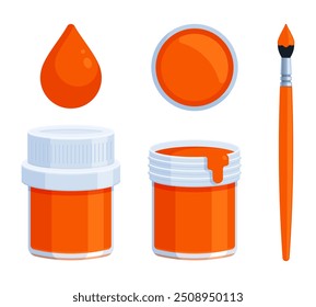 Set of orange paint bottle with brush and paint drop. Flat vector illustration isolated on white background. Tempera, gouache, acrylic, and watercolor painting concepts. Perfect for creative projects