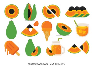 Set of orange Papaya, Farm fresh Papaya product emblem for grocery shop, collection of ice cream, Juice jar, glass of juice, ice cream cone and stick, simple flat vector illustration of fruits.