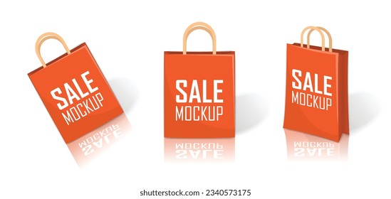 Set of orange paper shopping bag with different angles, retail purchase packaging sale bag mock up