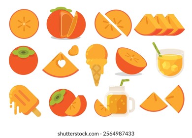 Set of orange Persimmon, Farm fresh product emblem for grocery shop, collection of ice cream, Juice jar, glass of juice, ice cream cone and stick, simple flat vector illustration of fruits.