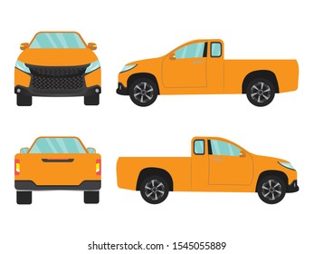 Set of orange pick up truck car view on white background, illustration vector, Side, front, back