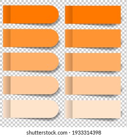 Set of orange pieces of stickers and rounded bookmarks isolated on a transparent background. Separate pieces of tape flat realistic illustration.