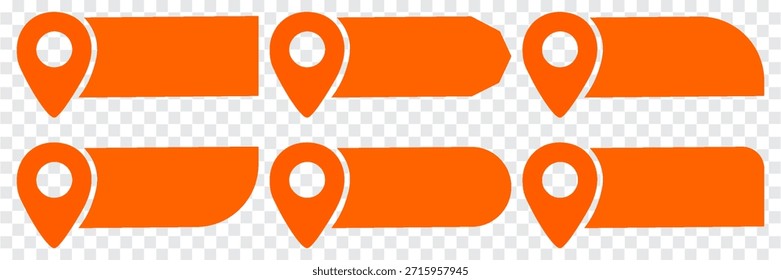 Set of orange pin text tag icons. Pointer icon pin with space for text vector collection