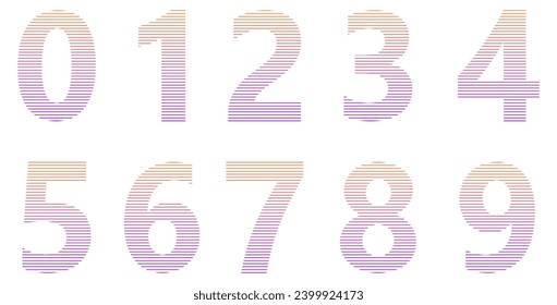 Set of orange and pink numbers isolated on white. Alphabet with numbers. Vector graphic elements for design. Lines	