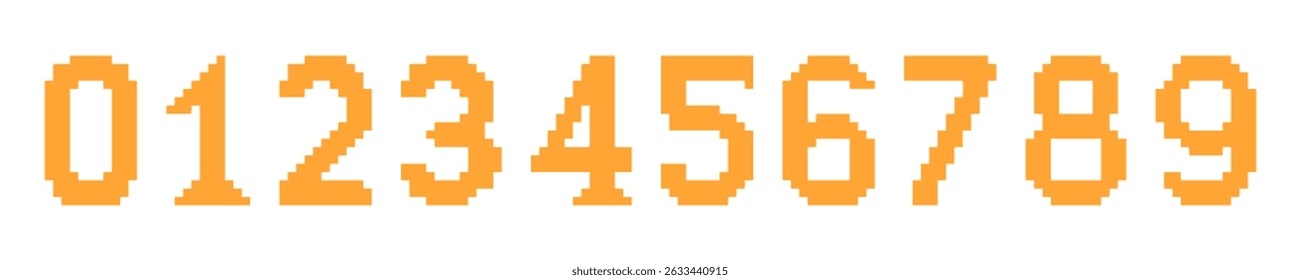 Set of orange pixelated digits from 0 to 9 on white background, perfect for retro games, digital art, or UI design. Vector illustration