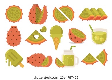 Set of orange Prickly Pear, Farm fresh Prickly Pear product emblem, collection of ice cream, Juice jar, glass of juice, ice cream cone and stick, simple flat vector illustration of fruits.