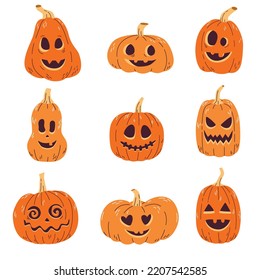 Set orange pumpkin with  funny faces for the holiday Halloween. Vector illustration.