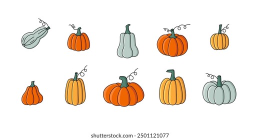 Set of orange pumpkin icons.Holiday Thanksgiving, Halloween. Harvest of ripe vegetables for design with black stroke in cartoon style.Vector.