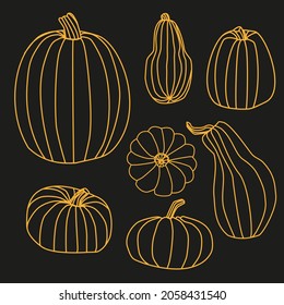 Juego de calabaza naranja alineado sobre el fondo negro.