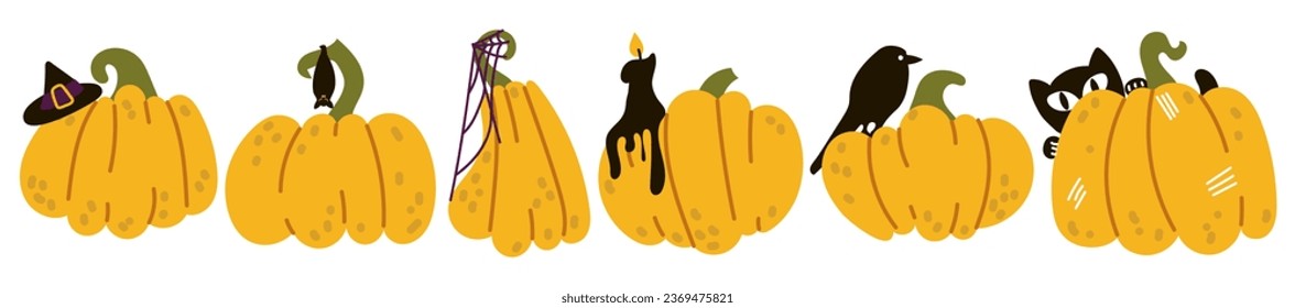 Set of orange pumpkins with black objects and animals on them for Halloween. Cartoon set. A collection of stickers with a Halloween element. Contrasting vector illustration of a sticker on a white