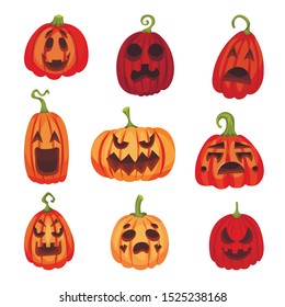 Set of orange pumpkins with different emotions. Vector illustration.