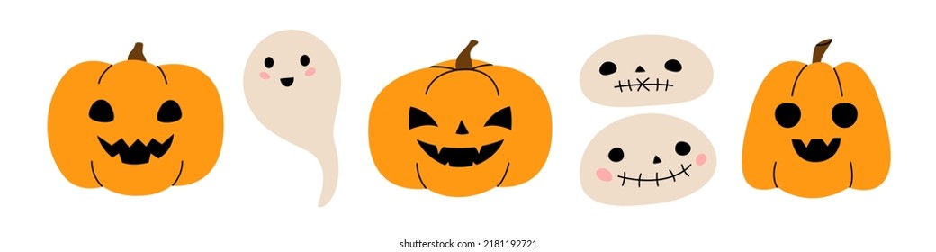 Set of orange pumpkins, ghosts and voodoo doll heads for Halloween. Creepy cartoon characters. Cute funny monsters with different emotions. Vector illustration.