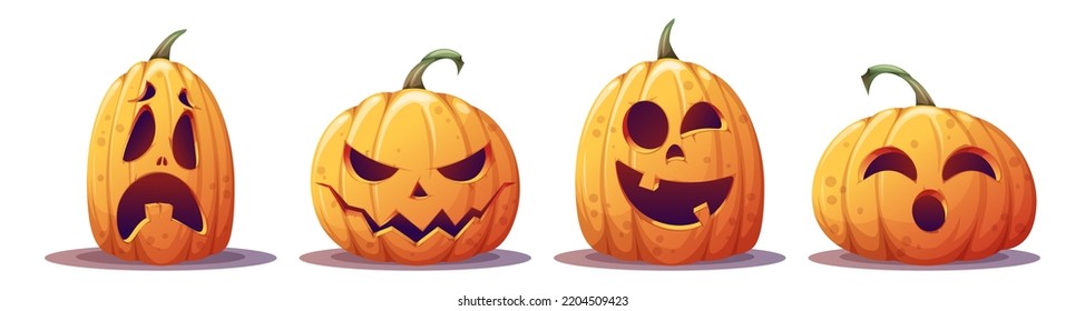 Eine Reihe orangefarbener Kürbis zu Halloween. Das Hauptsymbol eines glücklichen Halloween Feiertags.Cartoon Vektorgrafik.
