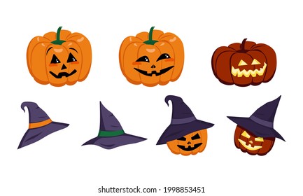Set of orange pumpkins with hat face, eyes and emotions. Halloween symbol, carved vegetable lantern. Design elements for festive decor