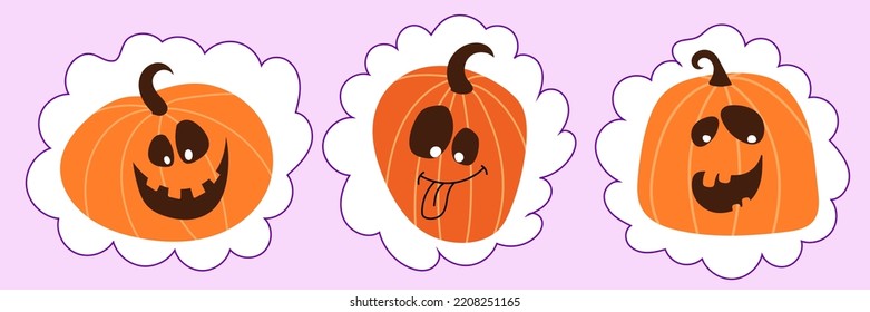 Set of orange pumpkins. Jack-o-Lantern. Emotional face expression. Carved scary pumpkins. Elements for autumn Halloween holiday celebration and decor. Cartoon vector illustration.