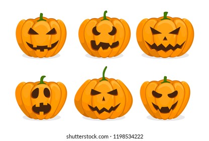 Set of orange pumpkins. Jack-o-Lantern on white background. Emotional face expression. Carved scary pumpkins. Elements for autumn Halloween holiday celebration and decor. Cartoon vector illustration.