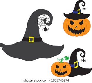 Set of orange pumpkins and witch hats for Halloween. The main symbols of the Happy Halloween holiday: pumpkins, a witch's hat, a spiderweb with a spider. Vector illustration.