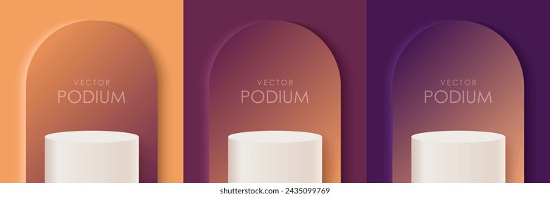 Set of orange and purple 3D background podiums.  Studio showroom pedestal, showcase mockup stage. 3d vector podium for product presentation.