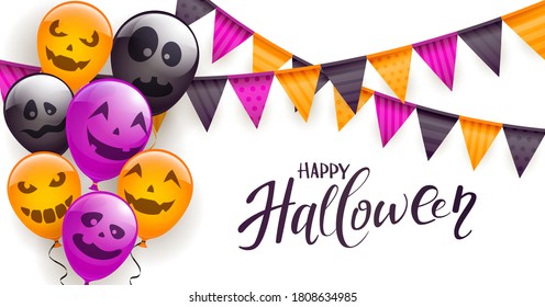 Set of orange, purple and black balloons with scary smiles, colored pennants and streamers on white background. Illustration can be used for children's holiday design, decoration, card, banner