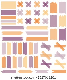 Set of orange and purple semi-transparent washi tapes isolated on white. Tapes collection in vector. Pieces of decorative tape for scrapbooks. Torn paper