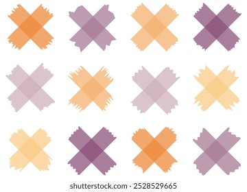 Set of orange and purple semi-transparent washi tapes isolated on white. Tapes collection in vector. Pieces of decorative tape for scrapbooks. Torn paper