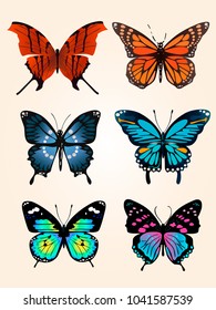 Set of orange realistic isolated monarch butterflies on a white background. Monarch. Design with butterflies.