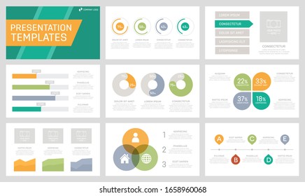 Set of orange, red, green, turquoise and grey elements for multipurpose presentation template slides with graphs and charts.