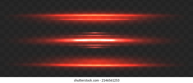 Set of orange, red horizontal rays, lens, line on a transparent background. Glowing laser beams and sparkles shine. Neon illuminated red lines. Abstract light flare effect. Vector illustration. 