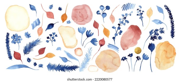 Set of orange, red, pink, blue watercolor botanical elements, plants, branches, flowers. Hand painted decorative floral collection. Abstract forms, backgrounds, textures.