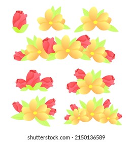 Set of orange and red rose and chamomile flowers
