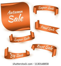 Set of orange ribbon for autumn sale. Paper scrolls. Autumn concept. Ribbon or sticker. Vector illustration. EPS10