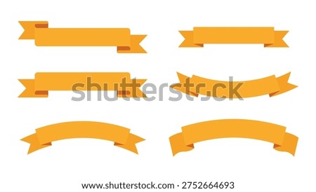 Set of orange ribbon banners and curved scrolls, flat vector labels and blank tags isolated on white background for promotional design EPS10