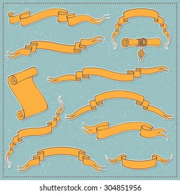 Set of orange ribbon banners and scrolls in vintage style on turquoise background