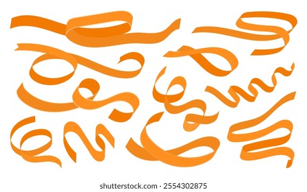 Set of orange ribbons for Happy Birthday, holiday greetings, cards, award designs. Wavy ribbons for decoration. Isolated symbols on a white background. Vector illustrations.