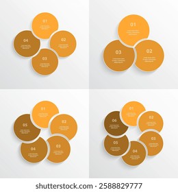 Set of orange round infographic templates with 3, 4, 5 and 6 options, parts or processes.