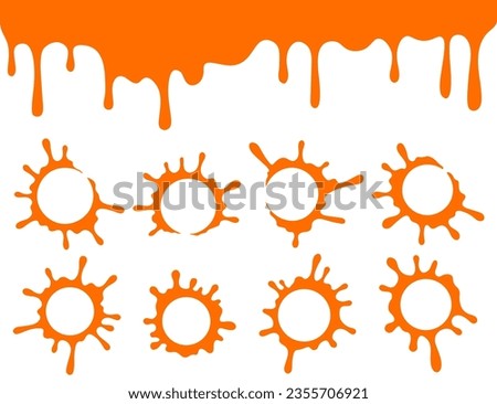 Set of orange round marks from cup, flat style. Ink splatters, paint stains collection.  Running or dripping liquid banner. Badge collection. Badge collection.
