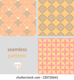A set of orange seamless patterns with crowns and diamonds for princesses