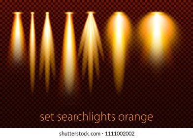 Set of orange searchlights on a transparent background. Bright lighting with spotlights. vector illustration art