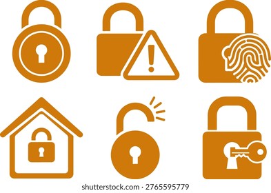 Set of orange security icons on white background, featuring various locks, keys, and warning signs for safety and protection themes