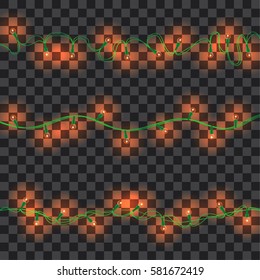 Set of orange shining garland lights with holders isolated on transparent background. Christmas, New Year party decoration realistic design elements. Glowing lights for Xmas. Holiday greeting design.