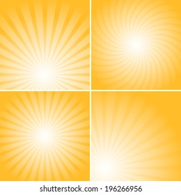 Set of orange shiny backgrounds for design. Different burst sources - center, corner, bottom.