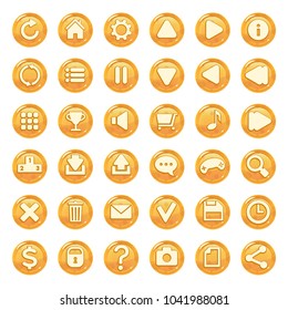 Set of orange shiny spotted buttons for game interfaces. Vector GUI elements for mobile games. Isolated on white background