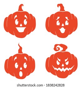 Set of orange silhouettes of pumpkins with facial gestures: smiling, tender, surprised and mischievous over white background.