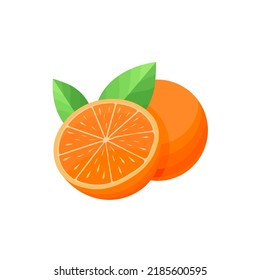 Eine Reihe orangefarbener Scheiben und eine ganze Orange mit Blättern. Cartoon, Vektorgrafik einzeln auf weißem Hintergrund