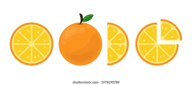 Set of orange and sliced orange (whole, half, slice) isolated on white background with cartoon style.