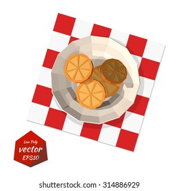 Set orange slices in a plate on the table isolated on a white background. Low poly style. Vector illustration.