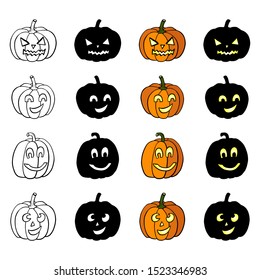 Set of orange smiling and angry pumpkins, line contours and black silhouettes isolated on white background; Cute hand drawn outline squash sketch for Halloween; Vector illustration; Flat icons pack 1