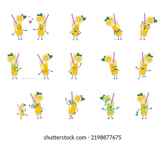 Set of orange smoothie with fruit and straw character with happy or sad emotions, panic, loving or brave face, hands and legs. Healthy vitamin drink in glass facial expression and pose