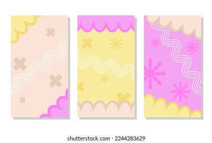 set of orange, soft pink and pink abstract portrait background with flowers and wavy lines. simple, flat and colorful. used for wallpaper, backdrop,  copy space and poster